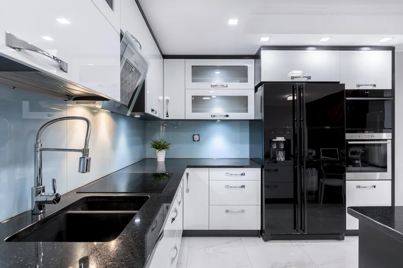 Sleek modern black and white kitchen with a high gloss double door refrigerator Sleek modern black and white kitchen with a high gloss double door refrigerator