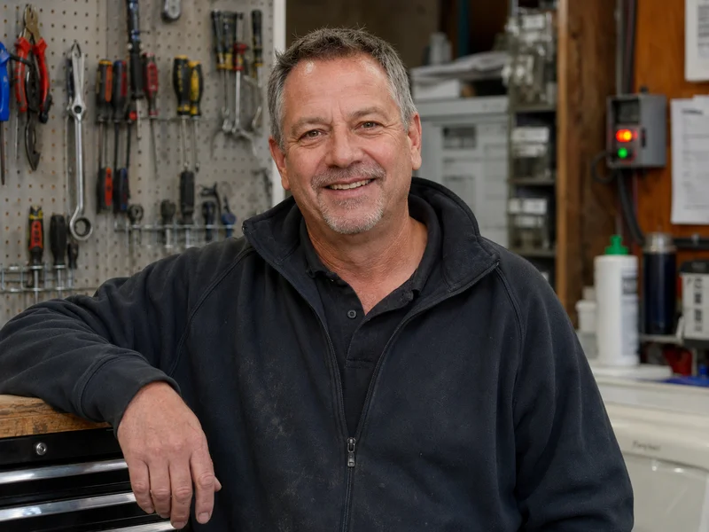 Smiling customer shaking hands with appliance repair technician.